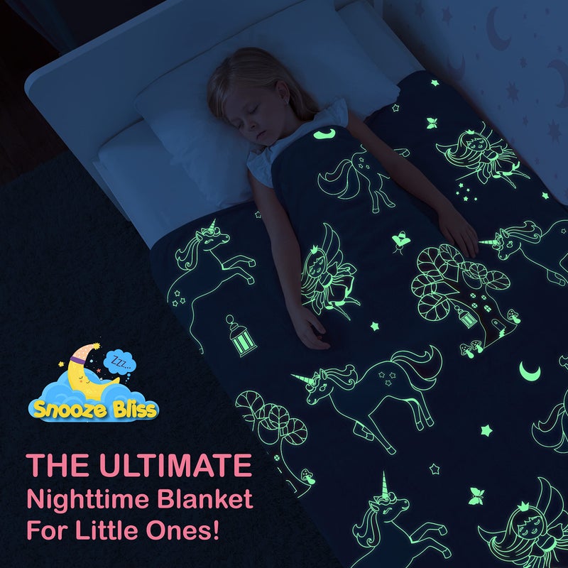 Snooze Bliss Glow in The Dark Unicorn Blanket for Girls â€“ Soft Pink Fleece Throw. Great Christmas, Birthday, Baby, Toddler Unicorn Gifts for Girls, Fairy, Butterfly, Stars. Bright Long-Last Glow - Image 2